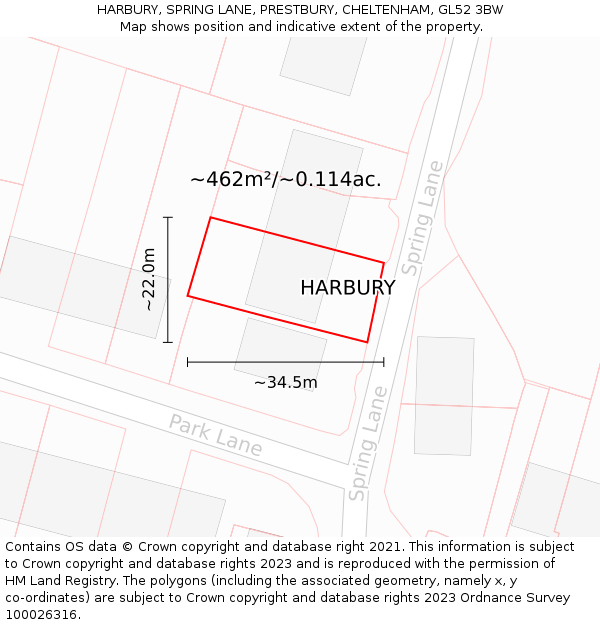 HARBURY, SPRING LANE, PRESTBURY, CHELTENHAM, GL52 3BW: Plot and title map