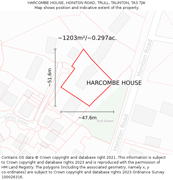 HARCOMBE HOUSE, HONITON ROAD, TRULL, TAUNTON, TA3 7JW: Plot and title map
