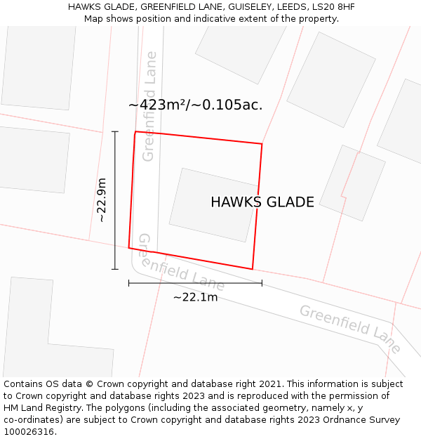 HAWKS GLADE, GREENFIELD LANE, GUISELEY, LEEDS, LS20 8HF: Plot and title map