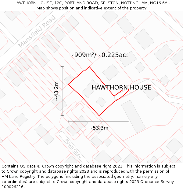 HAWTHORN HOUSE, 12C, PORTLAND ROAD, SELSTON, NOTTINGHAM, NG16 6AU: Plot and title map
