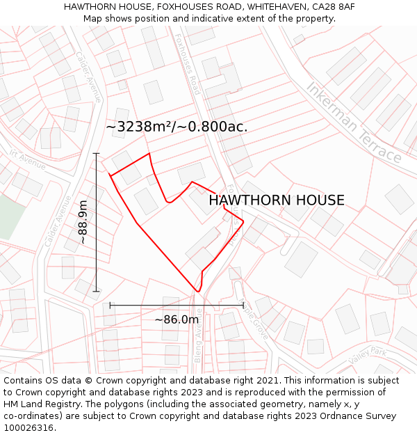 HAWTHORN HOUSE, FOXHOUSES ROAD, WHITEHAVEN, CA28 8AF: Plot and title map