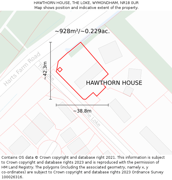 HAWTHORN HOUSE, THE LOKE, WYMONDHAM, NR18 0UR: Plot and title map