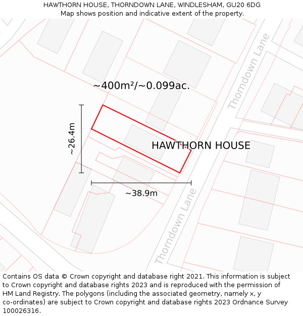 HAWTHORN HOUSE, THORNDOWN LANE, WINDLESHAM, GU20 6DG: Plot and title map