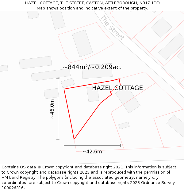 HAZEL COTTAGE, THE STREET, CASTON, ATTLEBOROUGH, NR17 1DD: Plot and title map