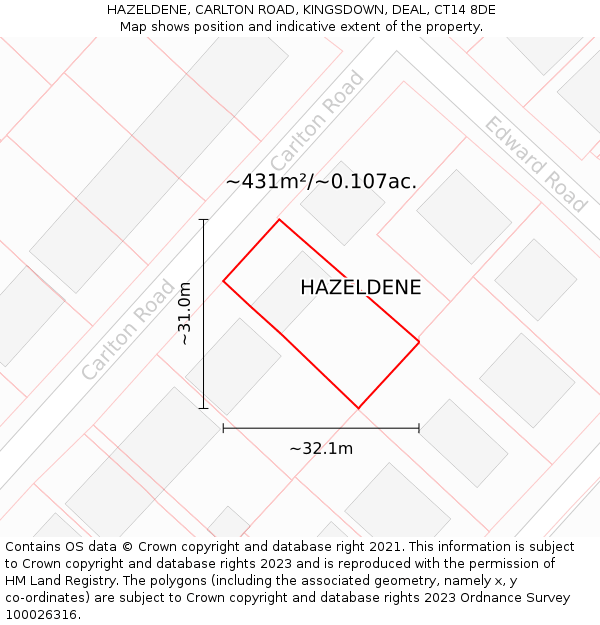 HAZELDENE, CARLTON ROAD, KINGSDOWN, DEAL, CT14 8DE: Plot and title map