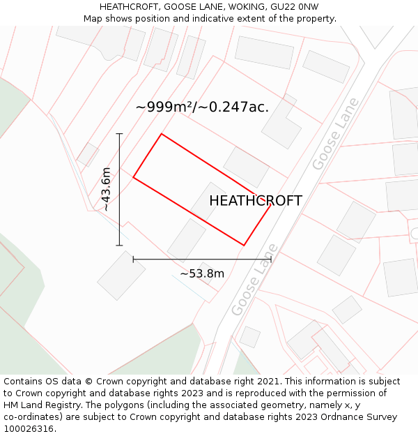 HEATHCROFT, GOOSE LANE, WOKING, GU22 0NW: Plot and title map