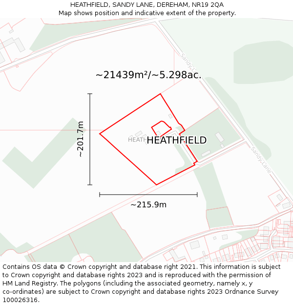 HEATHFIELD, SANDY LANE, DEREHAM, NR19 2QA: Plot and title map