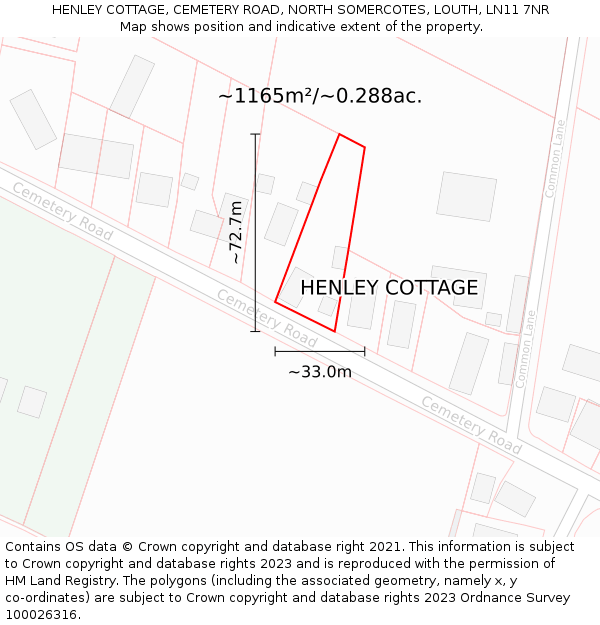 HENLEY COTTAGE, CEMETERY ROAD, NORTH SOMERCOTES, LOUTH, LN11 7NR: Plot and title map