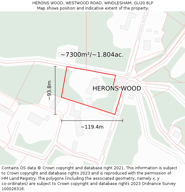 HERONS WOOD, WESTWOOD ROAD, WINDLESHAM, GU20 6LP: Plot and title map
