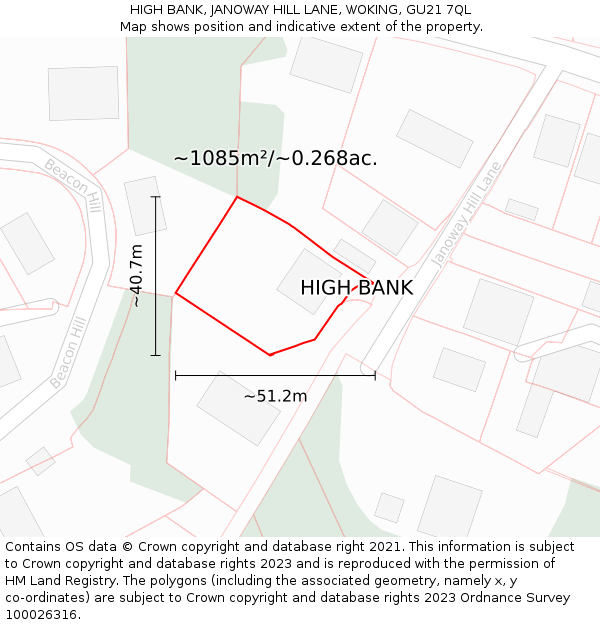 HIGH BANK, JANOWAY HILL LANE, WOKING, GU21 7QL: Plot and title map