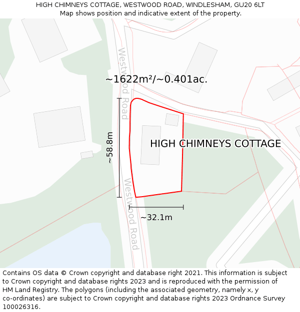 HIGH CHIMNEYS COTTAGE, WESTWOOD ROAD, WINDLESHAM, GU20 6LT: Plot and title map