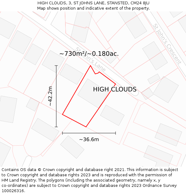 HIGH CLOUDS, 3, ST JOHNS LANE, STANSTED, CM24 8JU: Plot and title map