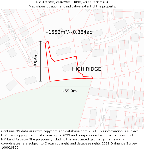 HIGH RIDGE, CHADWELL RISE, WARE, SG12 9LA: Plot and title map