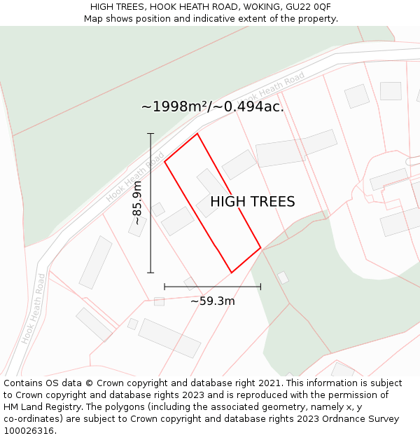 HIGH TREES, HOOK HEATH ROAD, WOKING, GU22 0QF: Plot and title map