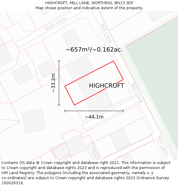 HIGHCROFT, MILL LANE, WORTHING, BN13 3DF: Plot and title map