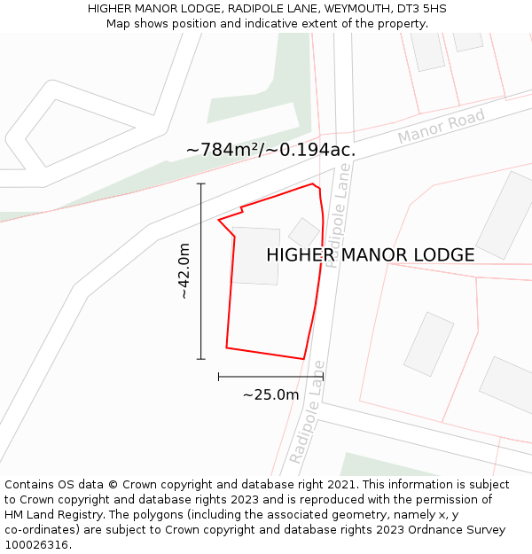HIGHER MANOR LODGE, RADIPOLE LANE, WEYMOUTH, DT3 5HS: Plot and title map