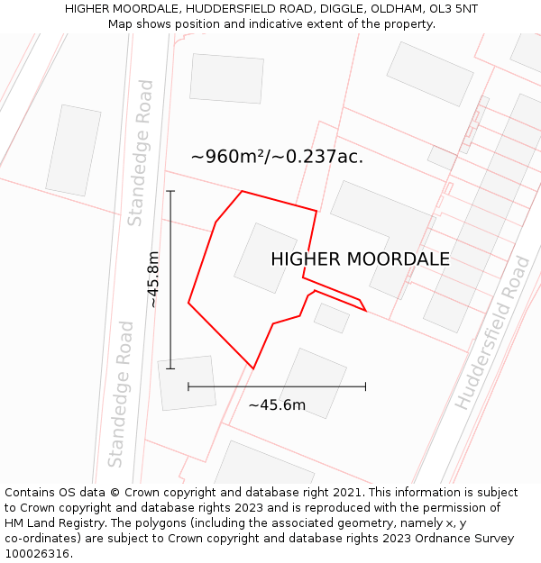 HIGHER MOORDALE, HUDDERSFIELD ROAD, DIGGLE, OLDHAM, OL3 5NT: Plot and title map