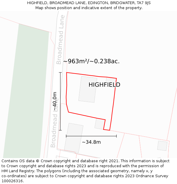 HIGHFIELD, BROADMEAD LANE, EDINGTON, BRIDGWATER, TA7 9JS: Plot and title map