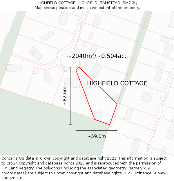 HIGHFIELD COTTAGE, HIGHFIELD, BANSTEAD, SM7 3LJ: Plot and title map