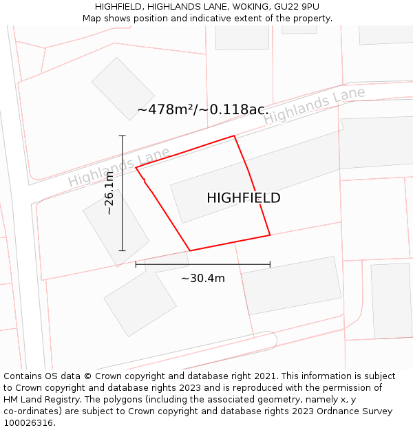 HIGHFIELD, HIGHLANDS LANE, WOKING, GU22 9PU: Plot and title map