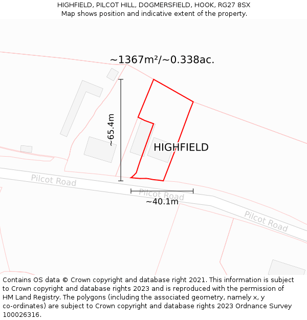 HIGHFIELD, PILCOT HILL, DOGMERSFIELD, HOOK, RG27 8SX: Plot and title map