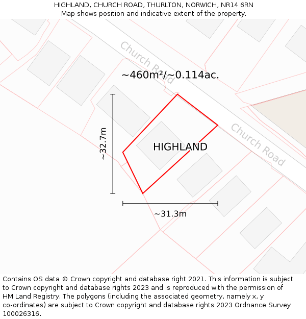HIGHLAND, CHURCH ROAD, THURLTON, NORWICH, NR14 6RN: Plot and title map