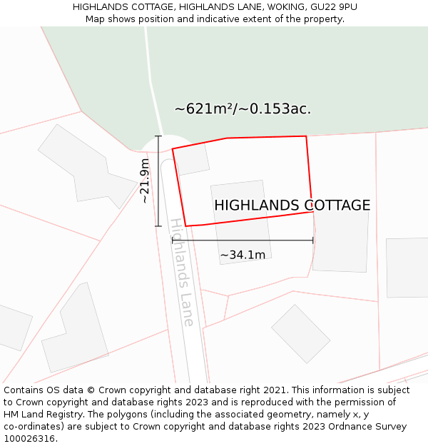 HIGHLANDS COTTAGE, HIGHLANDS LANE, WOKING, GU22 9PU: Plot and title map