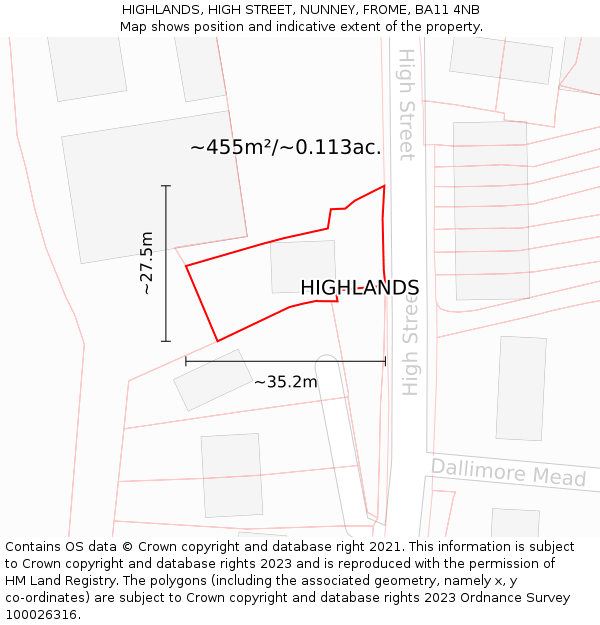 HIGHLANDS, HIGH STREET, NUNNEY, FROME, BA11 4NB: Plot and title map