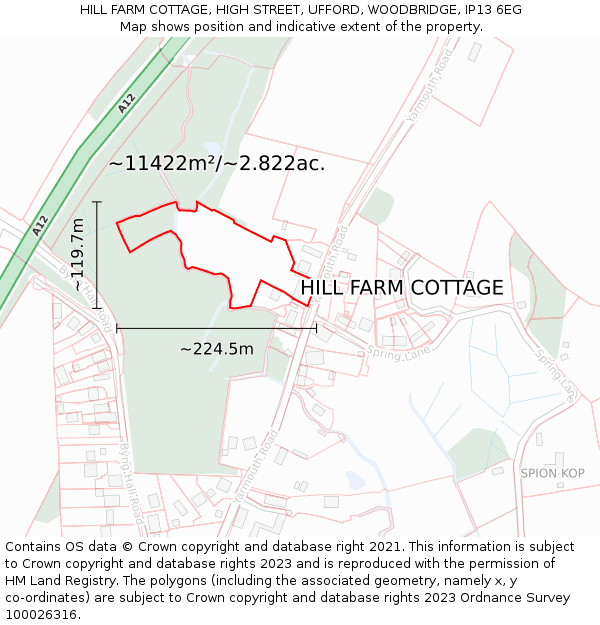 HILL FARM COTTAGE, HIGH STREET, UFFORD, WOODBRIDGE, IP13 6EG: Plot and title map