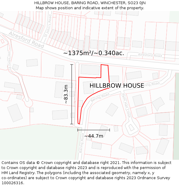 HILLBROW HOUSE, BARING ROAD, WINCHESTER, SO23 0JN: Plot and title map