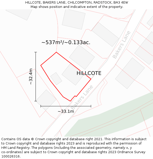 HILLCOTE, BAKERS LANE, CHILCOMPTON, RADSTOCK, BA3 4EW: Plot and title map