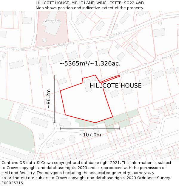 HILLCOTE HOUSE, AIRLIE LANE, WINCHESTER, SO22 4WB: Plot and title map