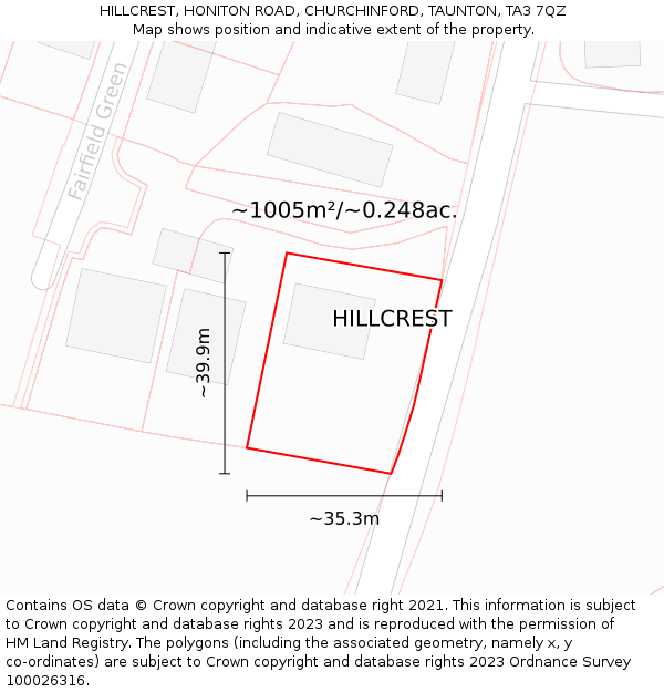 HILLCREST, HONITON ROAD, CHURCHINFORD, TAUNTON, TA3 7QZ: Plot and title map