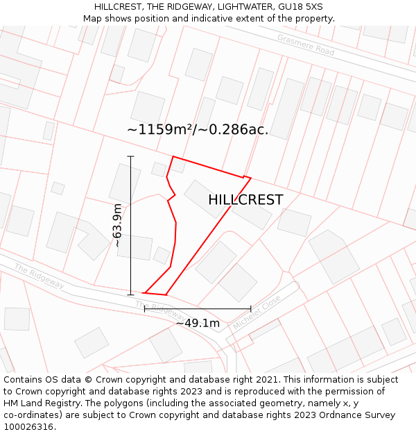 HILLCREST, THE RIDGEWAY, LIGHTWATER, GU18 5XS: Plot and title map