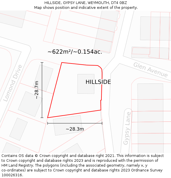 HILLSIDE, GYPSY LANE, WEYMOUTH, DT4 0BZ: Plot and title map