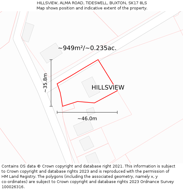 HILLSVIEW, ALMA ROAD, TIDESWELL, BUXTON, SK17 8LS: Plot and title map