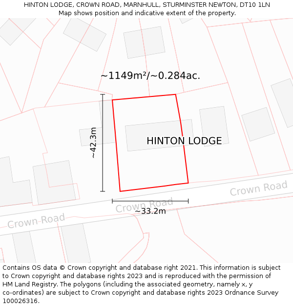 HINTON LODGE, CROWN ROAD, MARNHULL, STURMINSTER NEWTON, DT10 1LN: Plot and title map