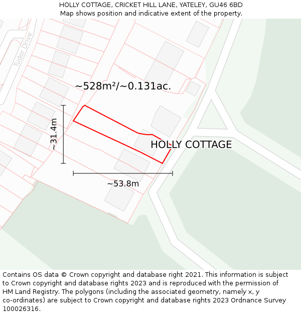 HOLLY COTTAGE, CRICKET HILL LANE, YATELEY, GU46 6BD: Plot and title map
