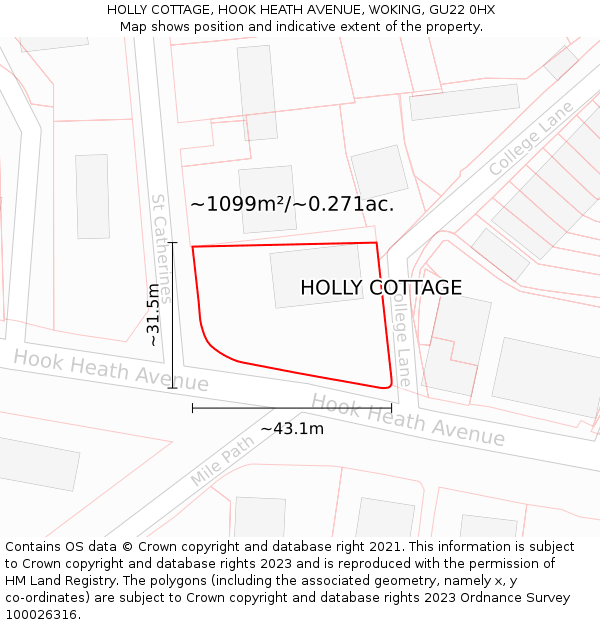 HOLLY COTTAGE, HOOK HEATH AVENUE, WOKING, GU22 0HX: Plot and title map