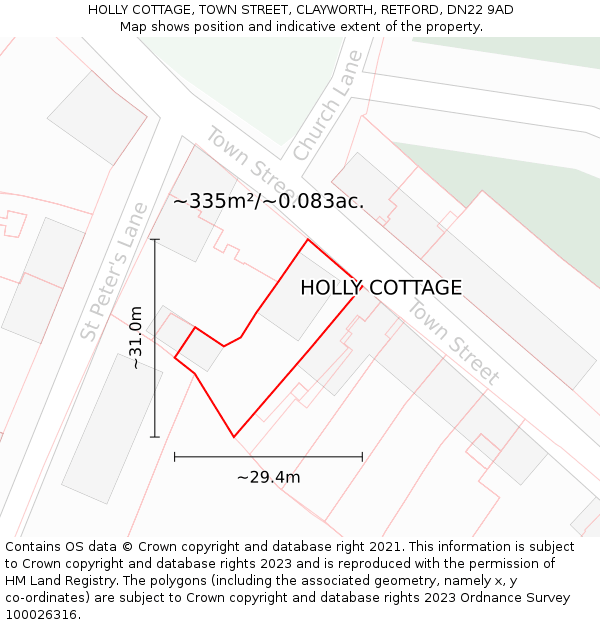 HOLLY COTTAGE, TOWN STREET, CLAYWORTH, RETFORD, DN22 9AD: Plot and title map