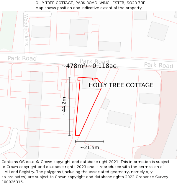 HOLLY TREE COTTAGE, PARK ROAD, WINCHESTER, SO23 7BE: Plot and title map