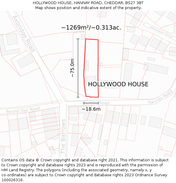 HOLLYWOOD HOUSE, HANNAY ROAD, CHEDDAR, BS27 3BT: Plot and title map