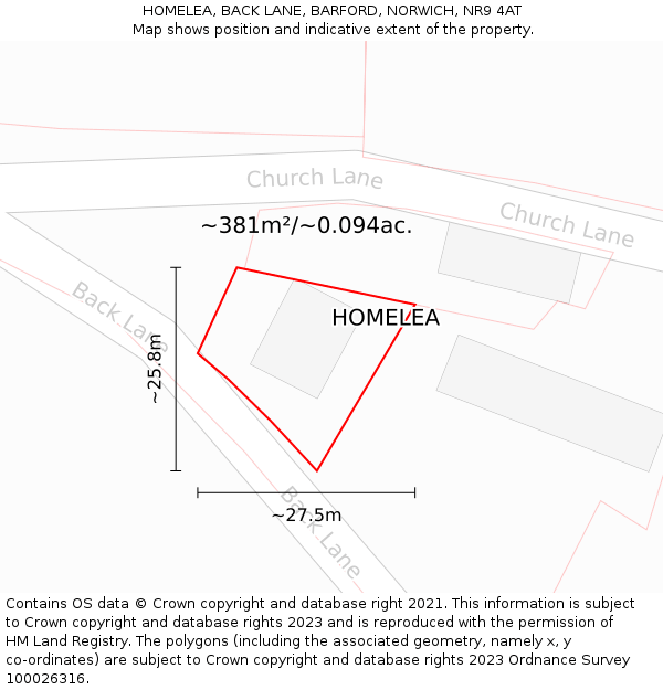 HOMELEA, BACK LANE, BARFORD, NORWICH, NR9 4AT: Plot and title map