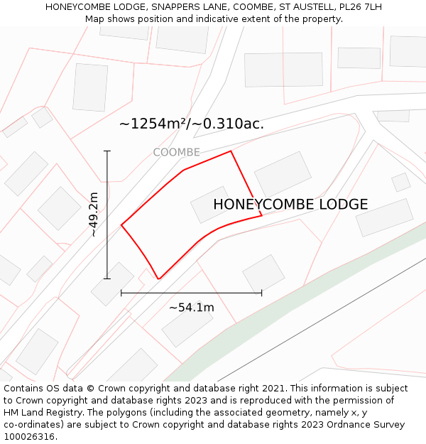 HONEYCOMBE LODGE, SNAPPERS LANE, COOMBE, ST AUSTELL, PL26 7LH: Plot and title map