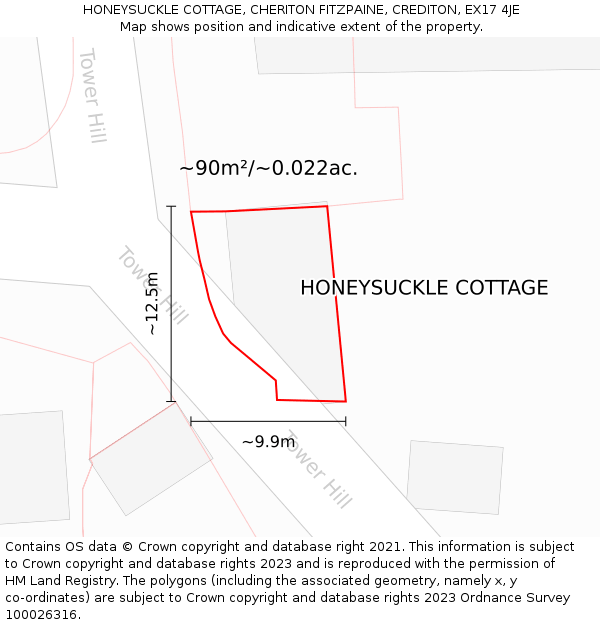 HONEYSUCKLE COTTAGE, CHERITON FITZPAINE, CREDITON, EX17 4JE: Plot and title map