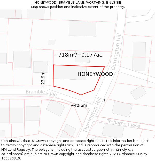 HONEYWOOD, BRAMBLE LANE, WORTHING, BN13 3JE: Plot and title map