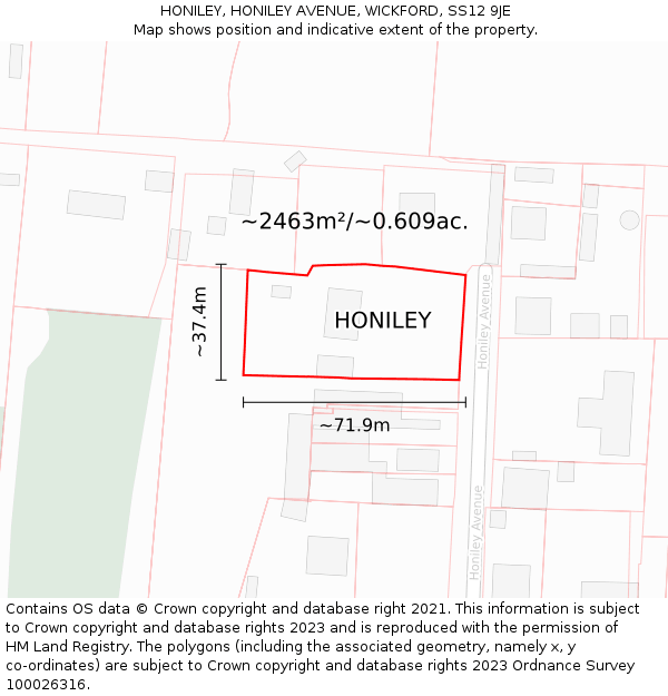 HONILEY, HONILEY AVENUE, WICKFORD, SS12 9JE: Plot and title map