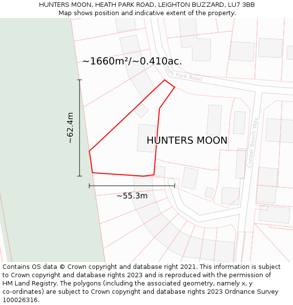 HUNTERS MOON, HEATH PARK ROAD, LEIGHTON BUZZARD, LU7 3BB: Plot and title map