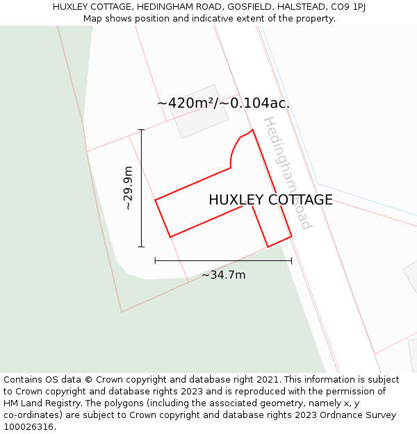 HUXLEY COTTAGE, HEDINGHAM ROAD, GOSFIELD, HALSTEAD, CO9 1PJ: Plot and title map