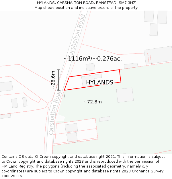 HYLANDS, CARSHALTON ROAD, BANSTEAD, SM7 3HZ: Plot and title map